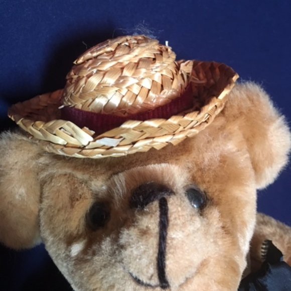 Vintage 1985 KENT Collectibles JOINTED TEDDY BEAR Straw Hat Black Neck Bow 10" - Picture 9 of 9